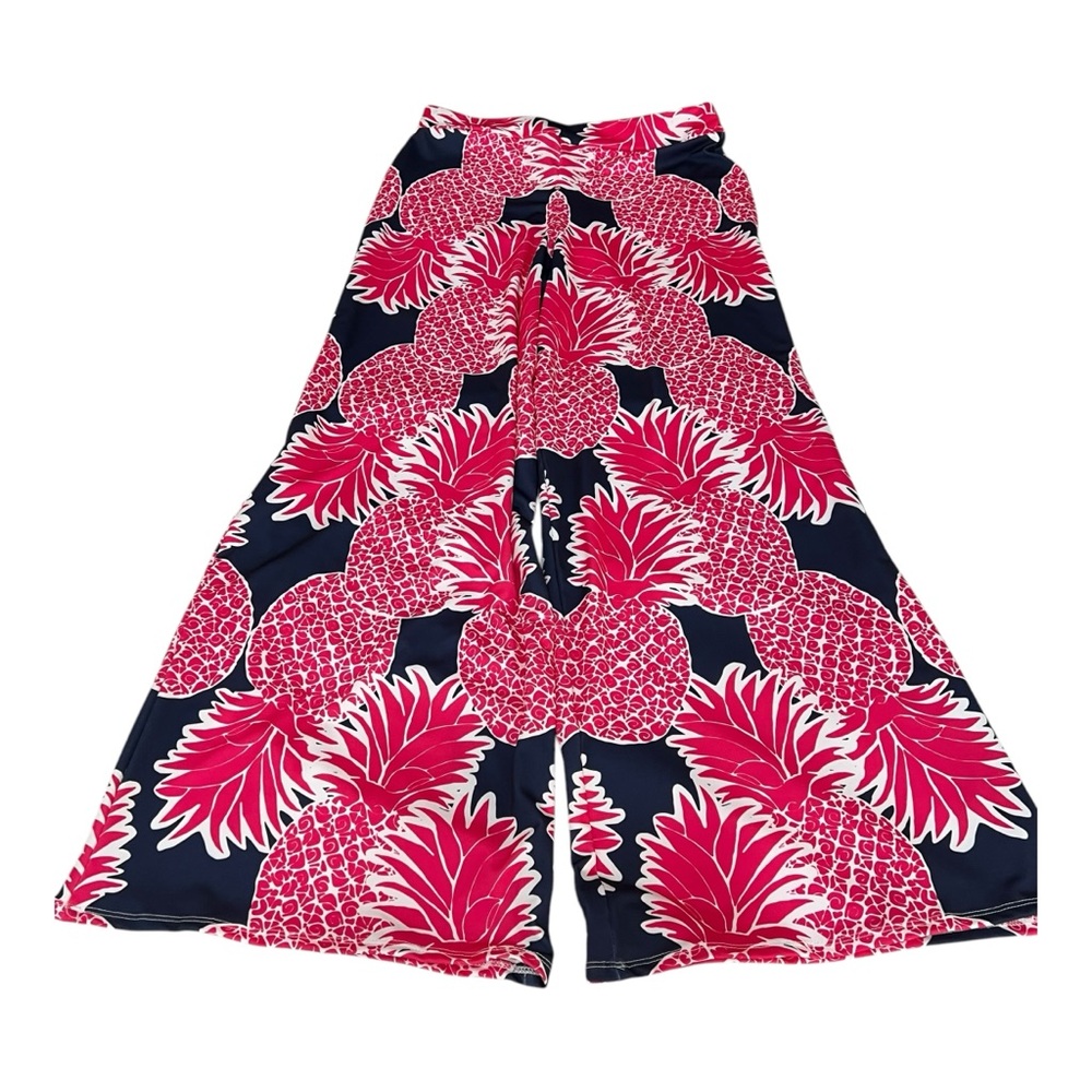 Lolly Wolly Doodle Navy Blue Vibrant Pink Pineapple Print Wide-Leg Pants